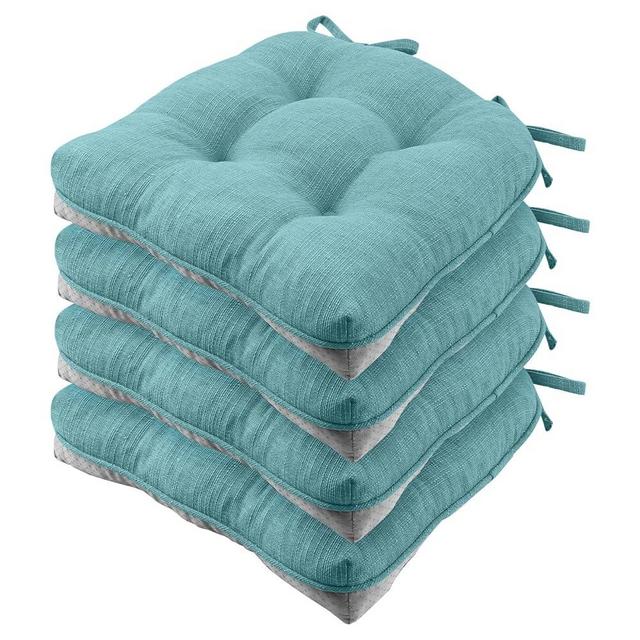 Wellsin Chair Cushions for Dining Chairs 4 Pack, 15.5" X 15.5" Kitchen Chair Cushions with Ties and Non-Slip Backing, Tufted Shredded Memory Foam Kitchen Chair Pads, Aqua Blue