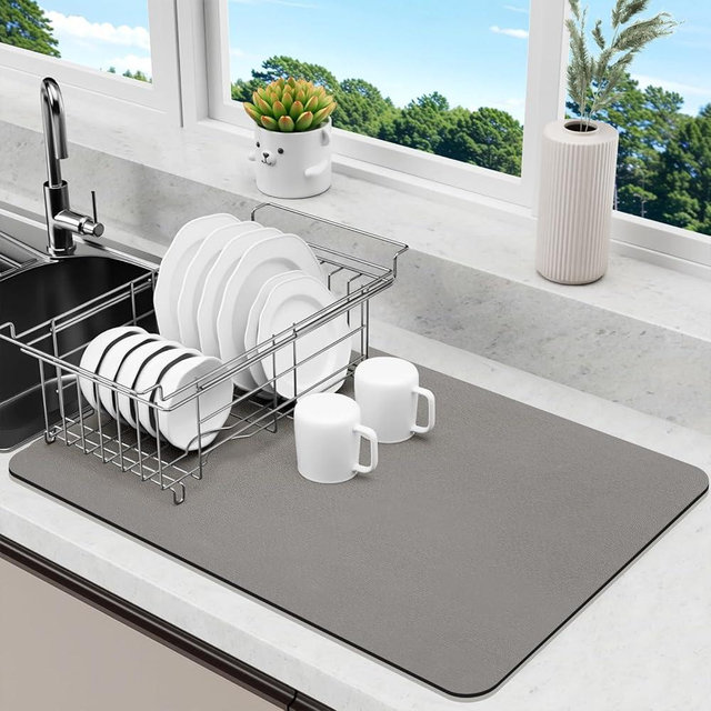 Dish Drying Mat for Kitchen Counter, Dish Drying Pad with Non-Slip Rubber Backed, Hide Stain Anti Absorbent for Kitchen Counter (Grey, 19" x 12")