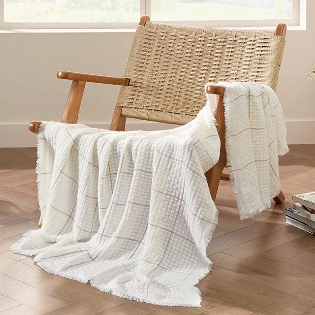 Bedsure Woven Blanket for Couch and Bed - Ivory Cream Decorative Farmhouse Throw Blanket with Tassels, Soft and Lightweight Boho Throw Blankets for Home Decor (50x60 Inches)