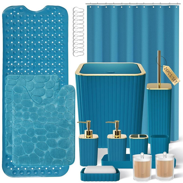 XLHOMO 26PC Bathroom Accessories Set - Gorgeous Teal Bathroom Set, Bathroom Accessory Set, Shower Curtain Set with Bathtub Mats for Shower Tub,Trash Can & Soap Dispenser
