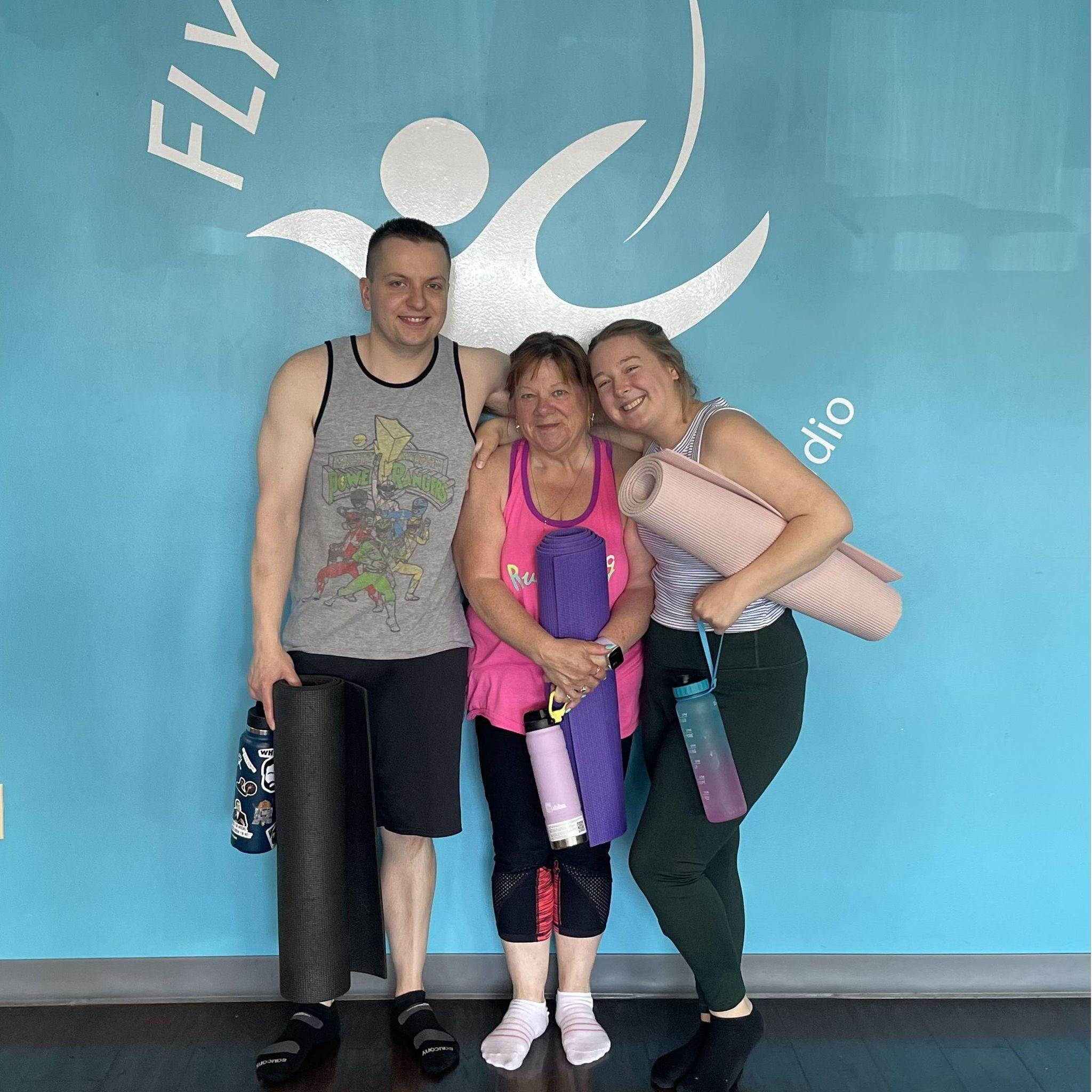 Marty, Deb & Erika take a puppy yoga class - May, 2025