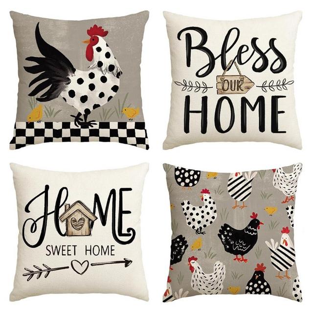 AVOIN colorlife Farmhouse Chicken Home Sweet Home Throw Pillow Covers, 18 x 18 Inch Bless Our Home Seasonal Cushion Case Decoration for Sofa Couch Set of 4