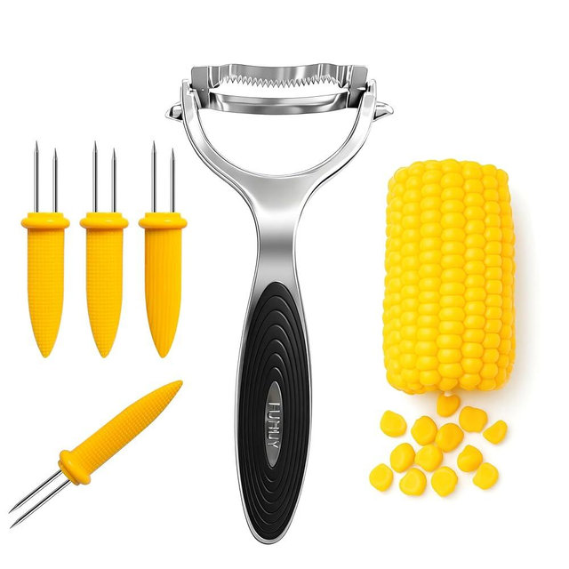 Corn Peeler Tool Set, Stainless Steel Corn Kernel Remover with Serrated Blade, Ergonomic Non-Slip Handle, Includes Corn Holders for Easy Corn Cutting