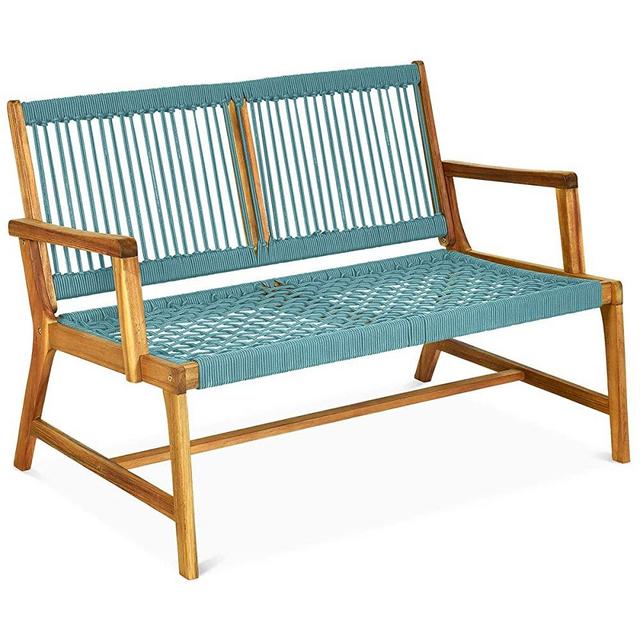 Tangkula 2-Person Patio Acacia Wood Bench Loveseat Chair, Outdoor Patio Bench Acacia Wood Bench in Teak Oil Finish, Patio Loveseat Rope Bench for Balcony Deck Poolside Porch (Turquoise)