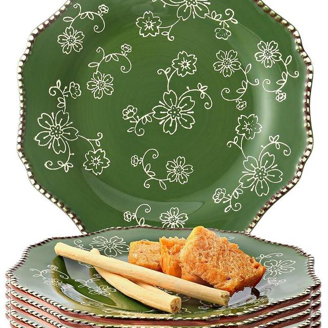 KUNABOO Artisanal Small Ceramic Plates, Salad Plates, Dessert Plates Porcelain Plates Set of 6-7.8” - Sakura Floral Series Pine Green - Ready to Wrap Gift