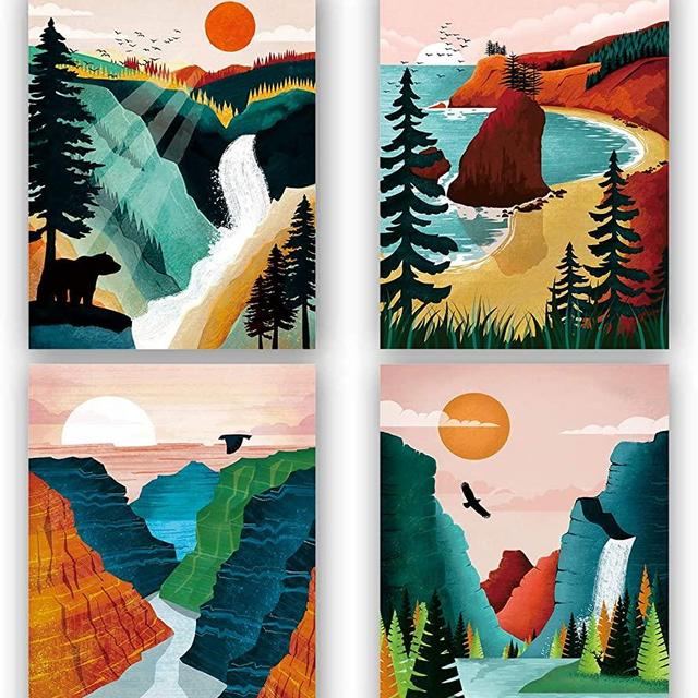 National Park Poster ,National Parks Art Prints,Nature Wall Art,Mountain Print Set Abstract Prints of Mountain Wall Art, Yellowstone, Grand Canyon , Sierra Nevada mountains，Olympic National Park Art For Home and Living Room Wall Art Decor Set of 4 (8”X10” ， No Frame