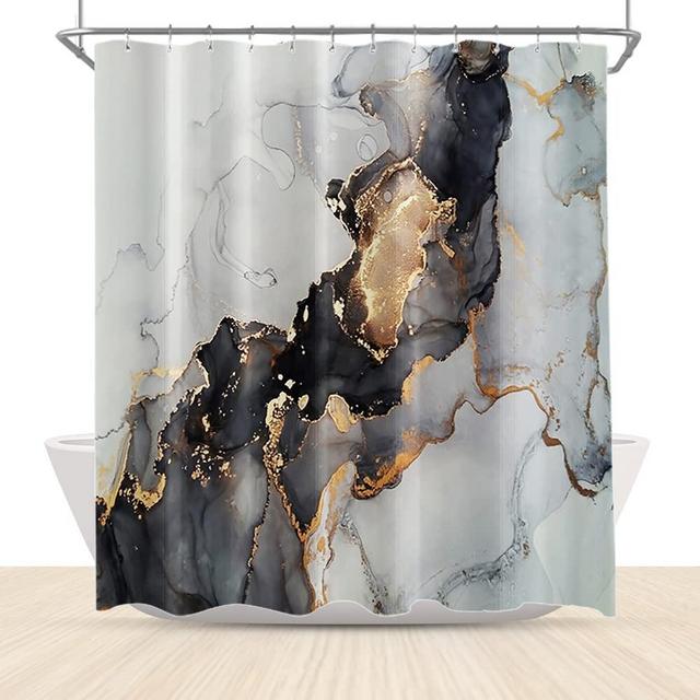 Abstract Gray Marble Shower Curtain Black Gold Grey Marble Ink Texture Bathroom Curtain Luxury Modern Bathroom Decor 60x72 Inch Waterproof Polyester Fabric