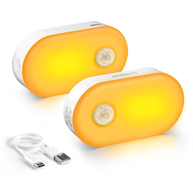 Lyridz Rechargeable Night Light with Motion Sensor, Dimmable Amber Nightlights for Bathroom, Bedroom, Kids Room, Hallway, Stairs, Pet House, 2 Pack