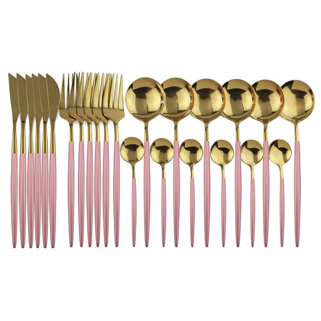 JANKNG 24-Piece Flatware Set, 18/0 Stainless Steel Knife Fork Spoon Teaspoon Silverware Set, Service for 6, Pink Handle Gold