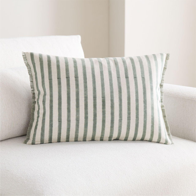Yarra Stripe Fringe 24"x16" Shadow Sage Green Throw Pillow with Feather Insert