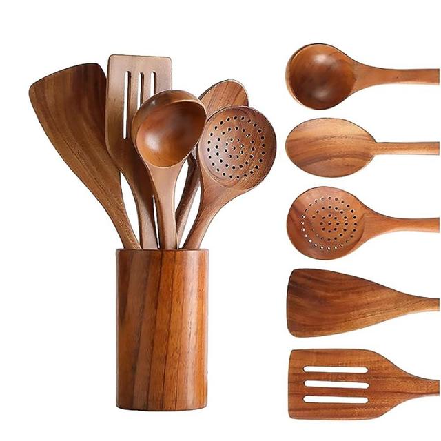 KEJJRIUTN 6 PCS Wooden Cooking Utensils Set, Wooden Spoons for Cooking, with Utensils Holder, Comfort Grip, Ideal for Nonstick Cookware