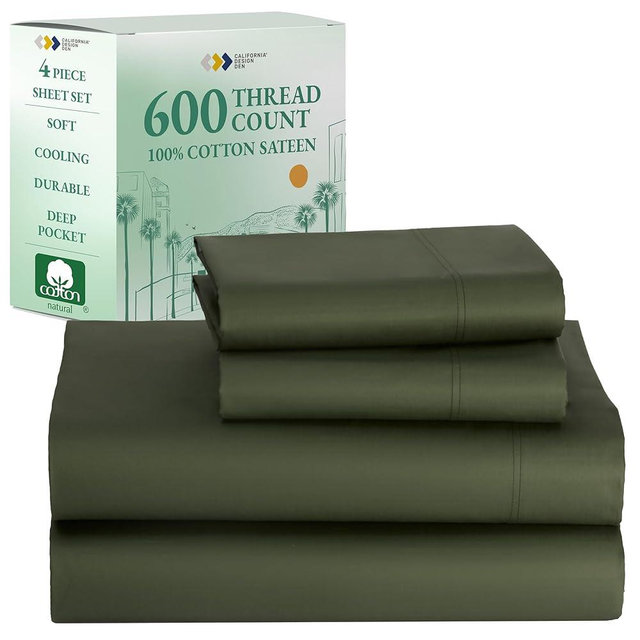 California Design Den 100% Cotton Queen Size Set - Luxury 600 Thread Count Sateen Weave Cooling Cotton Sheets with Deep Pockets, Hotel-Quality Bedding - Olive Green