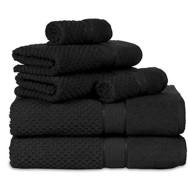 Ample Decor Towels for Bathroom, 6 Pieces Gift Set, 100% Cotton Soft Quick Dry, 2 Bath Towels, 2 Hand Towels, 2 Wash Cloths - Black