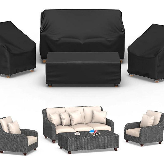 Mrrihand Patio Furniture Covers, 4 Piece Outdoor Furniture Cover Waterproof includ Ourdoor Sofa Cover, 2 Chair Covers, Coffee Table Cover with Windproof Buckle Strap and Adjustable Drawstring