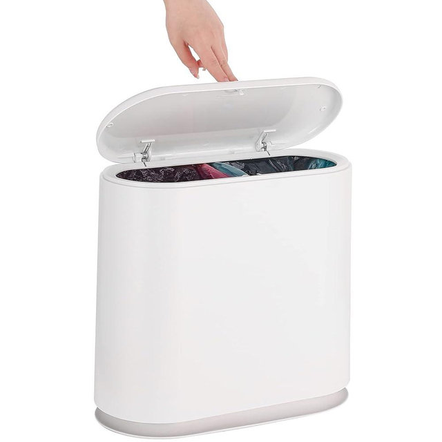 Slim Plastic Bathroom Trash Can With Lid,12L / 2.7 Gallon Pet & Dog Proof Trashcan,Kitchen Trash Can & Wastebasket with Press Type Lid,White Thin Garbage for Room,Rv,Bedroom,Dorm,Office Trash Bin
