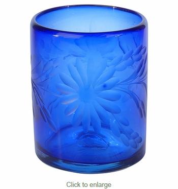 Blue Etched Floral Mexican Rocks Glass - Set of 4