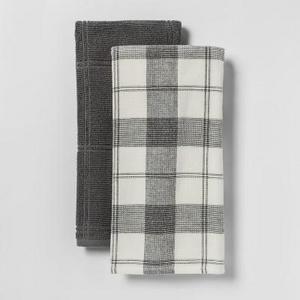 2pk Check With Solid Kitchen Towel Black - Threshold™