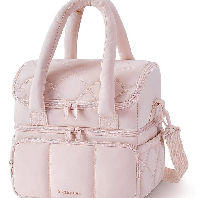 BAGSMART Lunch Bag Women, Double Deck Insulated Lunch Box, Quilted Puffer Lunch Tote, Leakproof, Durable & Reusable Large Lunch Cooler For Work Picnic Travel Meal Prep, Pink