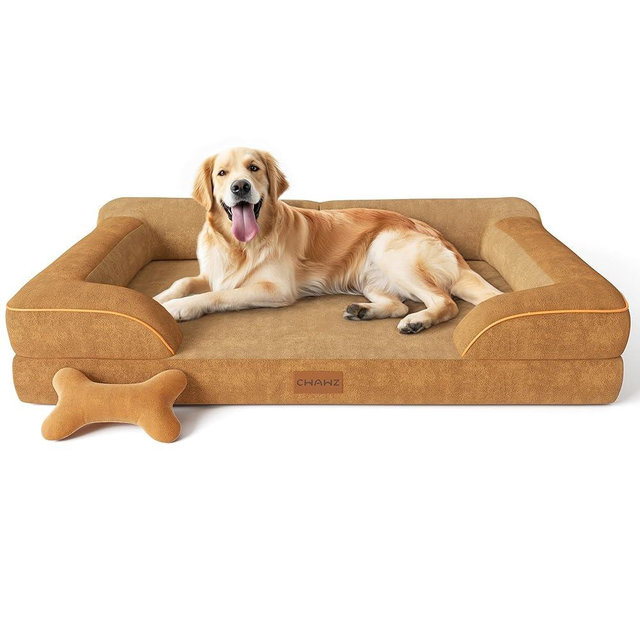 CWAWZ Extra Large Dog Bed, Orthopedic Dog Beds with Cooling Gel Memory Foam, Waterproof XL Pet Bed with Removable Washable Cover, 42" Pet Sofa Couch Dutch Velvet with Bone Toy, Brown
