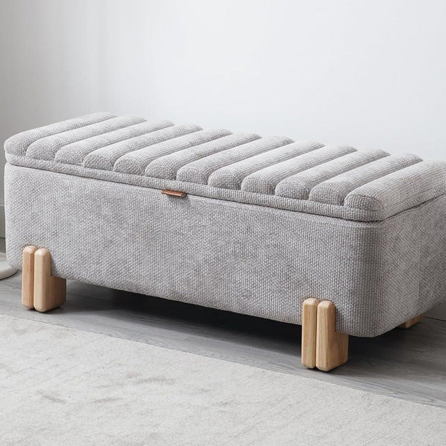 Kmax 45" Storage Bench Velvet Entryway Bench Upholstered Ottoman Bench with Wavy Top & Safty Hinge for Bedroom Living Room Hallway, Grey