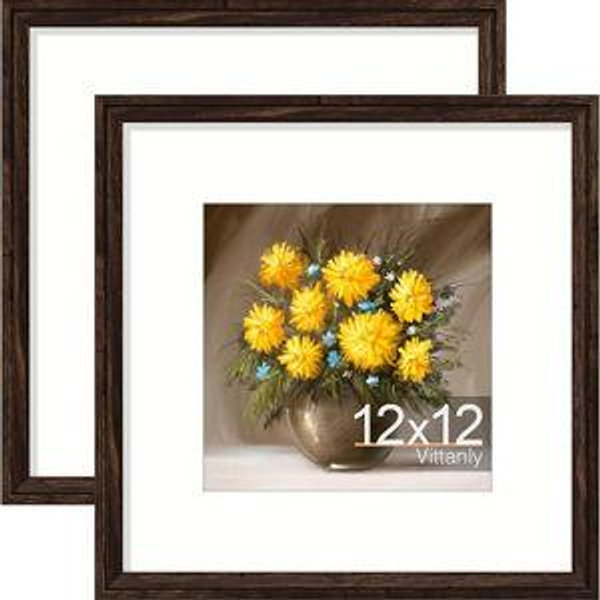 Vittanly 12x12 Picture Frames Set of 2, Ornate Vintage Photo Frame for Wall or Tabletop, Display 8x8 Pictures with Mat or 12x12 without Mat, Rustic Brown