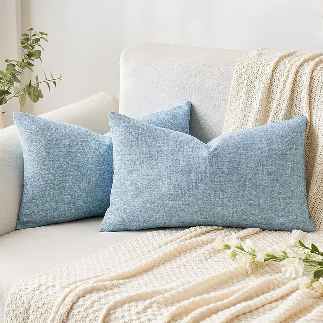 MIULEE Pack of 2 Decorative Throw Pillow Covers Linen Burlap Square Solid Farmhouse Modern Concise Throw Cushion Case Pillowcase for Sofa Car Couch 12x20 Inch 30x50 cm Light Blue