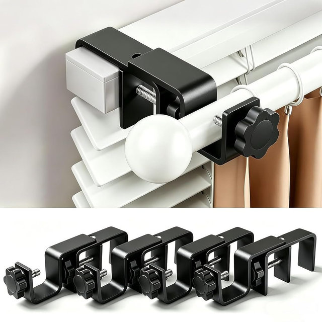 Mimiio No Drill Curtain Rod Brackets for Outside-Mount Blinds, Tool-Free Over-Blind Curtain Rod Holders, Fits 1-2" Rectangular Headrails, No Wall Damage, Renter Friendly Window Hardware, 4 Pack, Black