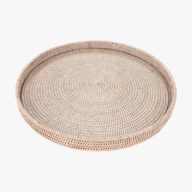Tava Handwoven Rattan Round Serving Tray With Glass Insert, 16" Diam., White Wash
