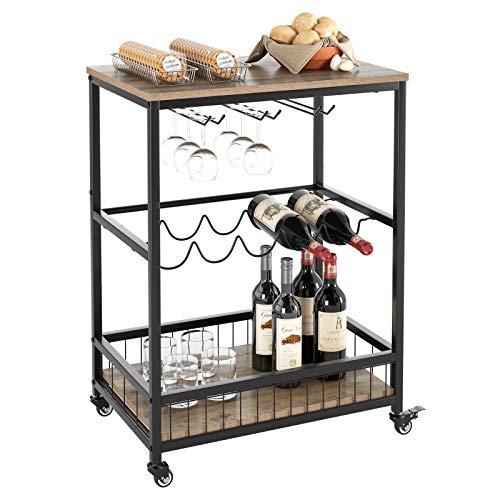 HOMECHO Bar Serving Cart Table Kitchen Wine Storage Cart with Wine Rack/Glass Holder, Serving Trolley with Lockable Wheels for Home, Brown