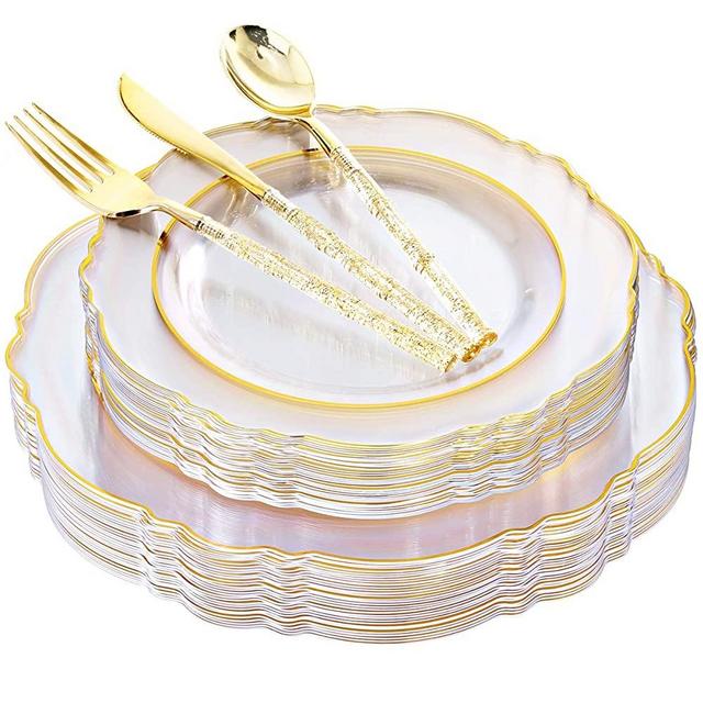 Liacere 150PCS Clear Gold Plastic Plates & Disposable Gold Plastic Silverware with Glitter Bamboo Handle Cutlery - Baroque Clear Gold Disposable Plates for Weddings & Parties