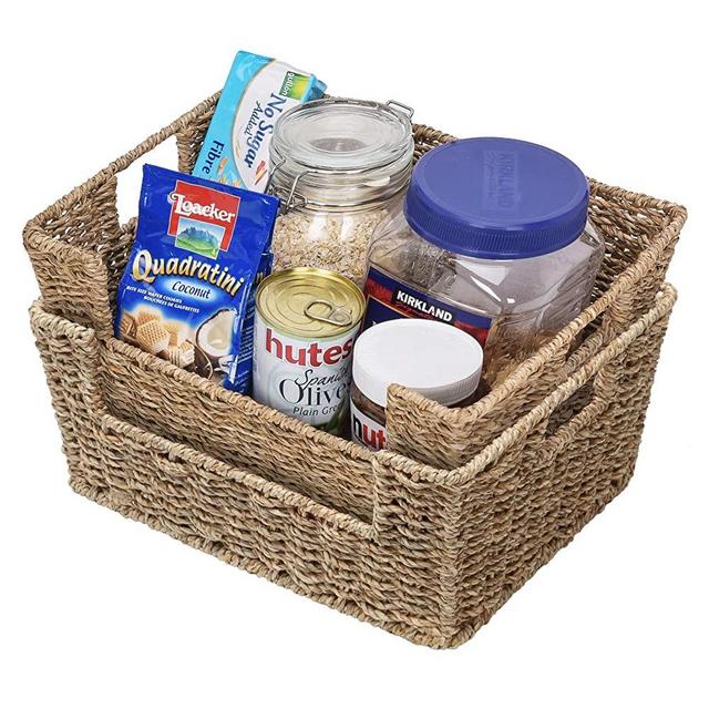 StorageWorks Seagrass Storage Baskets, Hand-Woven Open-Front Bins with Handles, 13.8” x 11” x 5.5”, 2-Pack