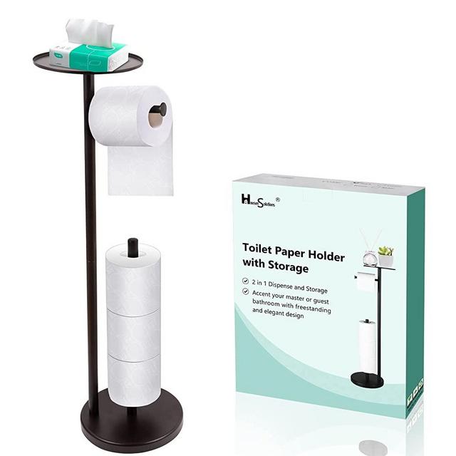 Toilet Paper Holder Stand, Oil Rubbed Bronze Free Standing Toilet Paper Holder with Storage and Shelf for 4 Tissue Rolls Jumbo Mega, Bathroom RV, Housen Solutions