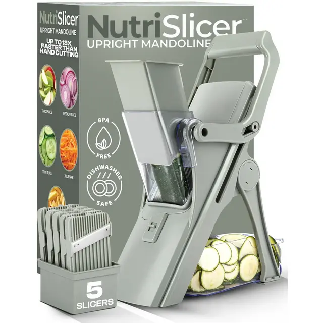 NutriSlicer Olive Upright Mandoline Slicer – 5 Stainless Steel Blades, BPA-Free and Dishwasher Safe