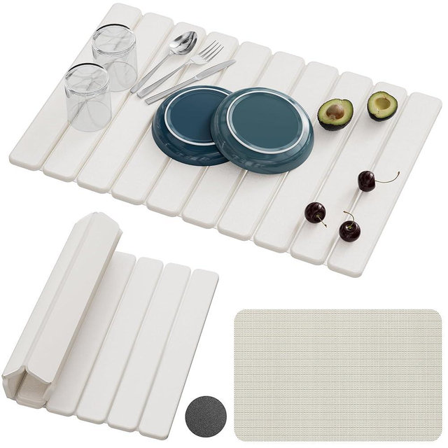 Large Stone Dish Drying Mats for Kitchen Counter – Foldable Quick Dry Stone Mat with Non-Slip Pad & Sandpaper, Super Absorbent Diatomaceous Earth Mat for Dishes and Cups(White 23.5"x15.5")