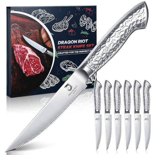 DRAGON RIOT Steak Knives Set of 6 Serrated Edge Steak Knife Set Japanese Stainless Steel Dinner Knife Diswasher Safe Steak Knives with Gift Box
