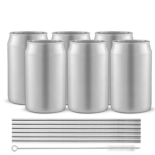 JoyJolt Metal Beer Can Tumbler with Straws and Brush. Unbreakable Metal Drinking Glasses Set of 6 Metal Tumblers. Stainless Steel Tumbler Can Shaped Glass Cups, Soda Can Glasses for Water, Wine etc