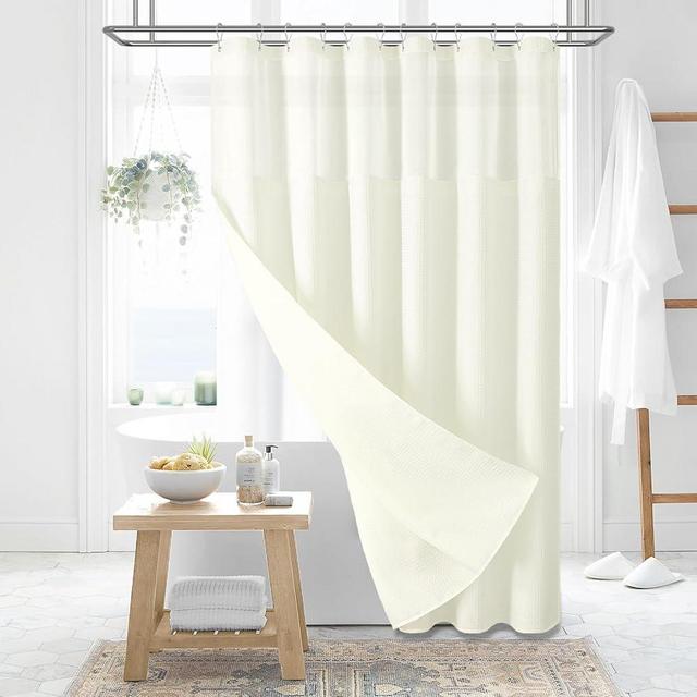 Dynamene 78 Inch Long Shower Curtain, Tall Waffle Fabric Shower Curtains for Bathroom, Hotel Waterproof Cloth Shower Curtain Liner Set with Hooks, Snap in Liner, Mesh Top Window, Beige, 72x78