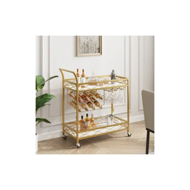 Gold Bar Carts with 2-Tiers Storage Shelves, Mobile Kitchen Seving Carts on Wheels with Wine Rack and Glass Holder for Kitchen, Living Room