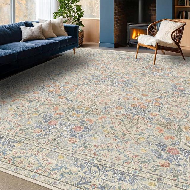 8x10 Washable Rug for Living Room - Stain Resistant Dining Room Rugs for Under Table, Soft Low Pile Carpet for Bedroom - Vintage Floral Non-Slip Large Rug (8x10 Beige Blue)