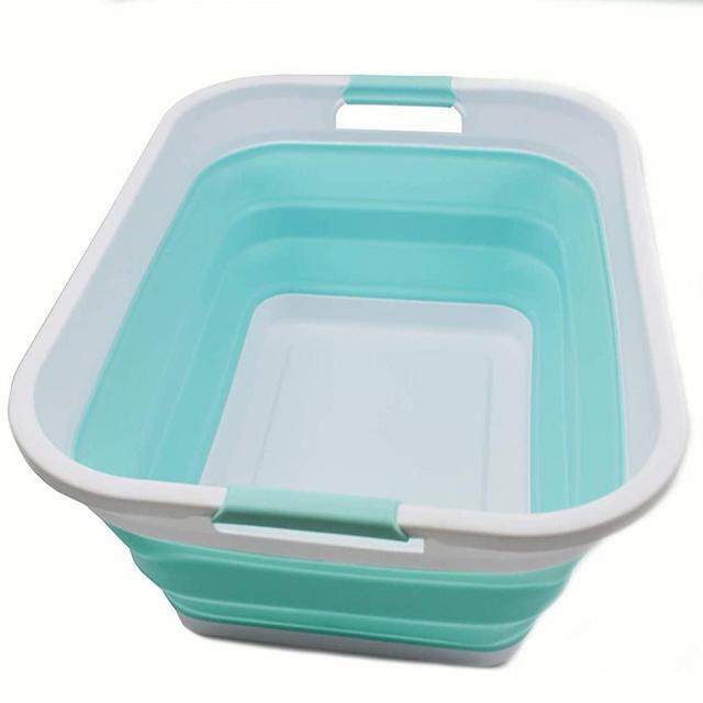 SAMMART Collapsible Plastic Laundry Basket - Foldable Pop Up Storage Container/Organizer - Portable Washing Tub - Space Saving Hamper/Basket (Rectangular, White/Lake Green)