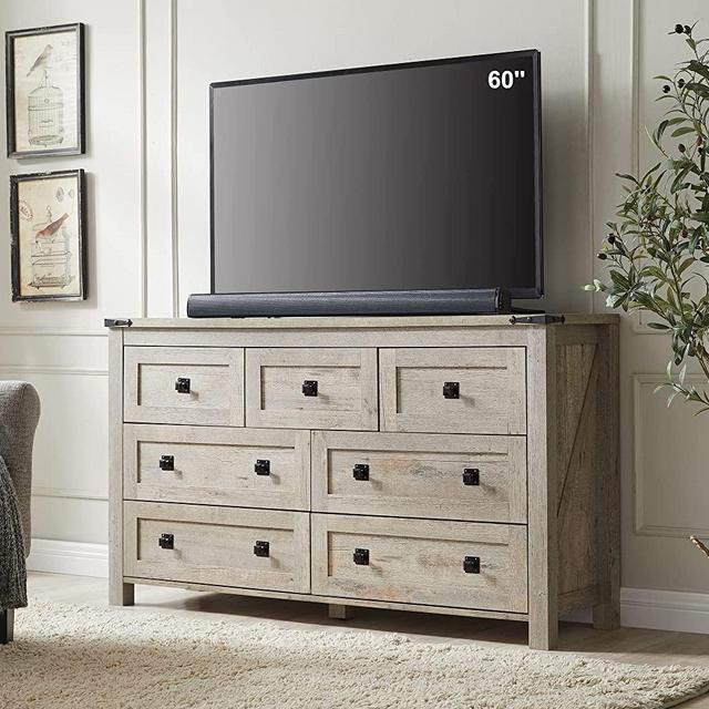 T4TREAM Farmhouse 7 Drawers Dresser for Bedroom, Wood Rustic Dresser Tv Stand, Storage Dressers Organizer for Bedroom, Living Room,Hallway, Light Rustic Oak