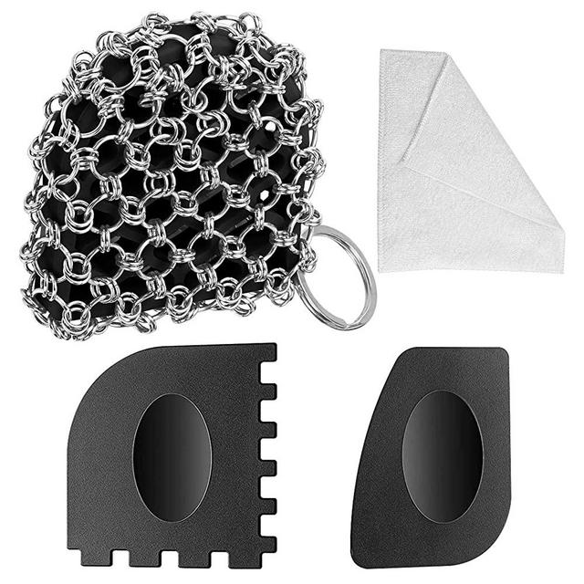 Herda Cast Iron Scrubber and Scrapers Kit, 4Pieces Cast Iron Cleaning Care Kit 316 Chainmail Scrubber for Iron Pan, Cast Iron Cleaner Chain Scrub Brush Grill Scraper Tool for Steel Griddle Pan, Wok…