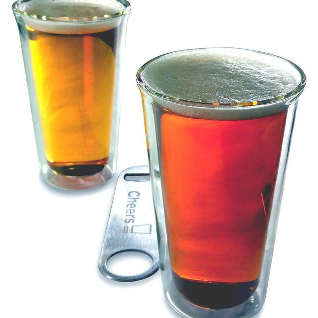 Craft Beer Glass Set 2 Double Wall Insulated Real Glass Tumblers 14 Ounce Pint Shape 2-Pack Set with 7 Inch Stainless Steel Speed Bottle Opener by Princeton Wares