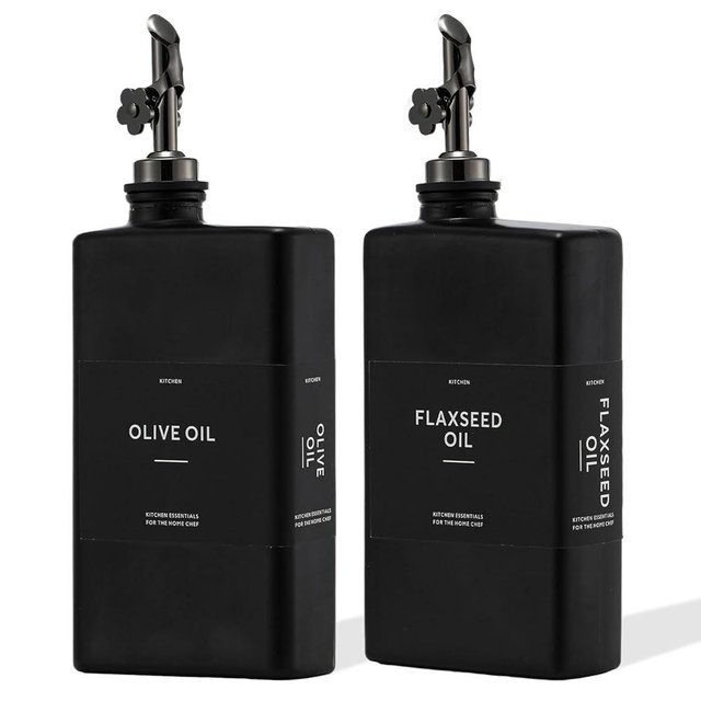 HOMCDALY Olive Oil Dispenser for Kitchen, 12oz Glass kitchen Dispenser Bottle, Black Oil&Vinegar Cruet Set, Leakproof Olive Oil Cruet for Cooking| Set of 2 (12oz – Black)