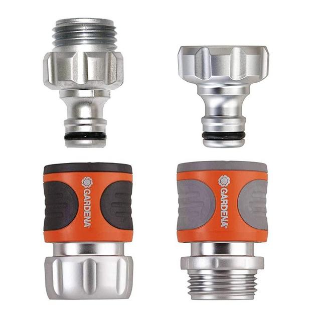 Gardena 39042-M 4 Piece Premium Metal Quick Connector Starter Set, Silver,Orange, Grey, Black