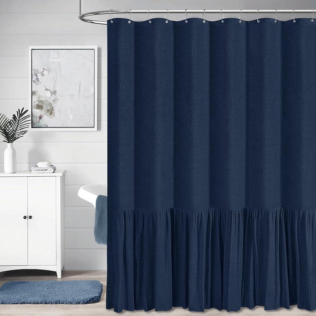 BTTN Blue Farmhouse Shower Curtain - Rustic Heavy Duty Fabric Linen Shower Curtain Set with Ruffle Hem, Machine Washable, Vintage Shabby Chic Cloth Shower Curtains for Bathroom - Navy Blue - 72x72