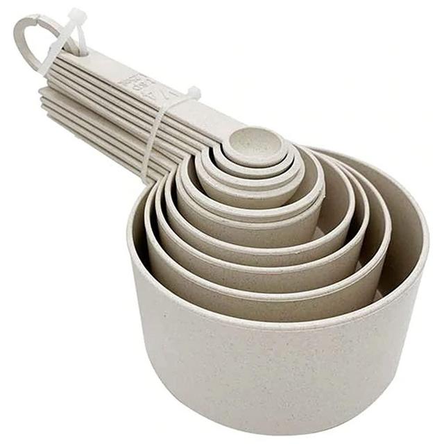10 Pc Wheat Straw Measuring Spoons Cups Set Kitchen Utensil Cooking Baking Tool, Beige