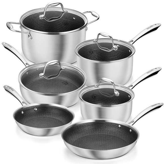 KOCH SYSTEME CS Triply Stainless Steel Cookware Set 10 Piece, Nonstick Hybird Stainless Steel Pots and Pans Set, Kitchen Cookware Set with Honeycomb Interior, 18/10 Steel, Induction Compatible