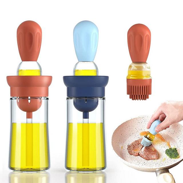 ICNOW Oil Brush Dispenser Glass Olive Oil Dispenser with Silicone Brush 2 in 1, Dropper Measuring and Basting Brush Cooking Oil Bottle Dispenser for Kitchen Baking BBQ Grill Pastry brush(1 Pack)