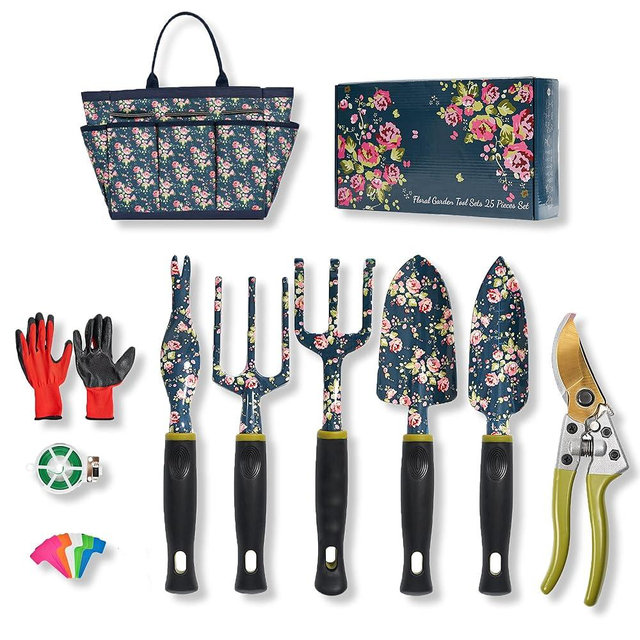 Ebbniur Garden Tool Set, 25Pcs Heavy Duty Floral Garden Tools, Aluminum Rust-Proof Gardening Kit with Garden Shovel, Trowel, Pruner, Gloves, Ideal Gardening Gift